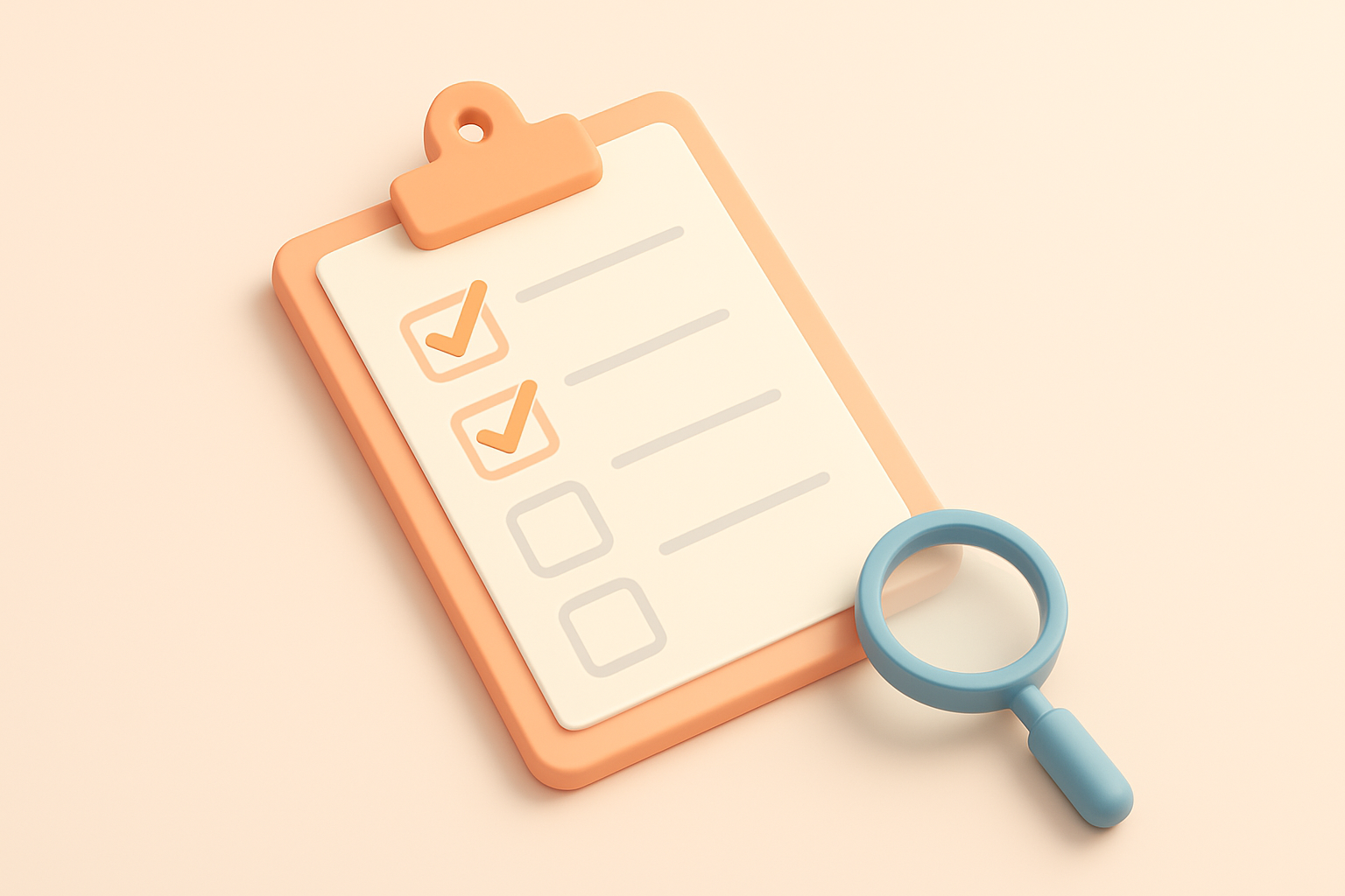 Isometric clipboard with checkboxes and a magnifying glass