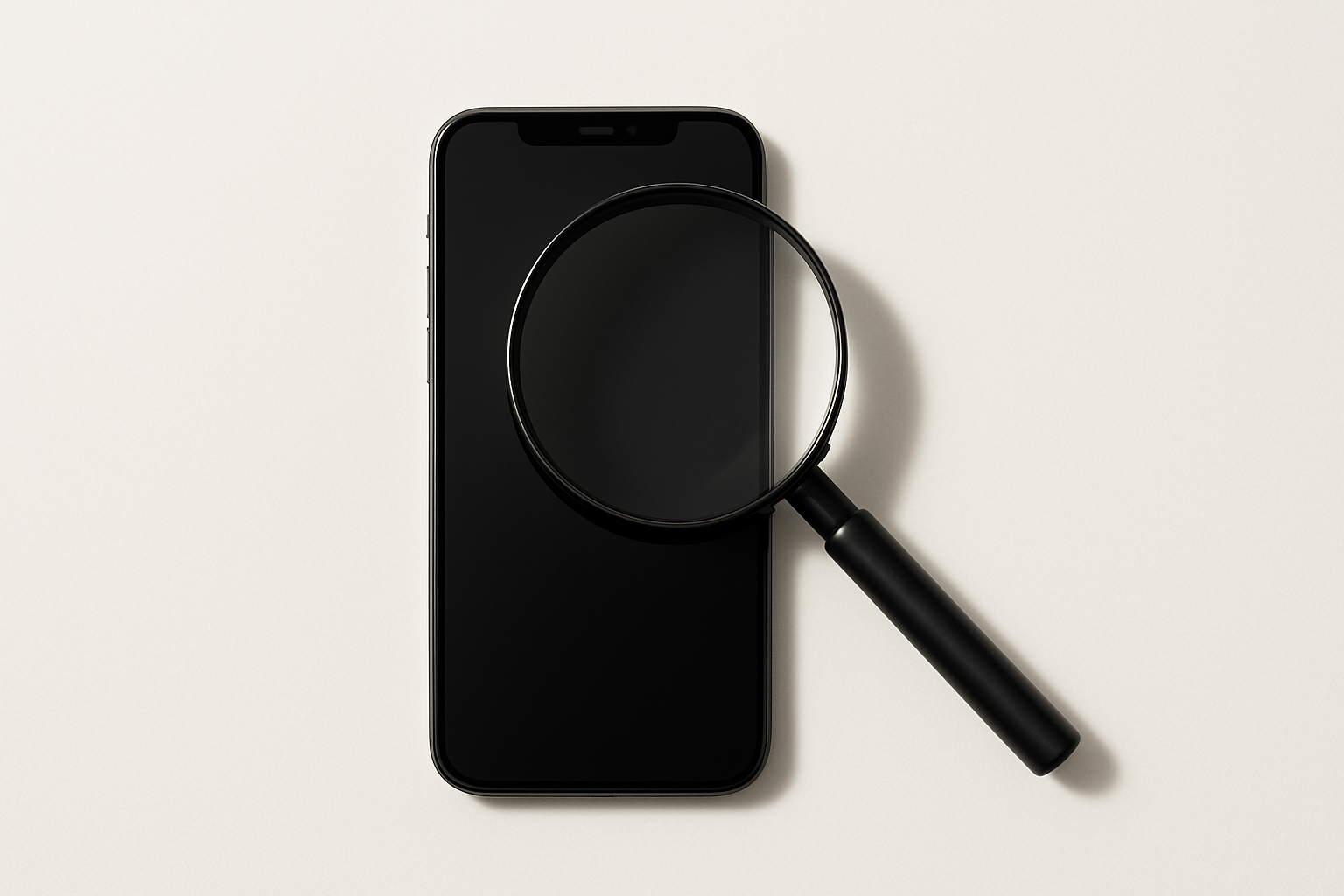 Magnifying glass laid over a smartphone on a white background