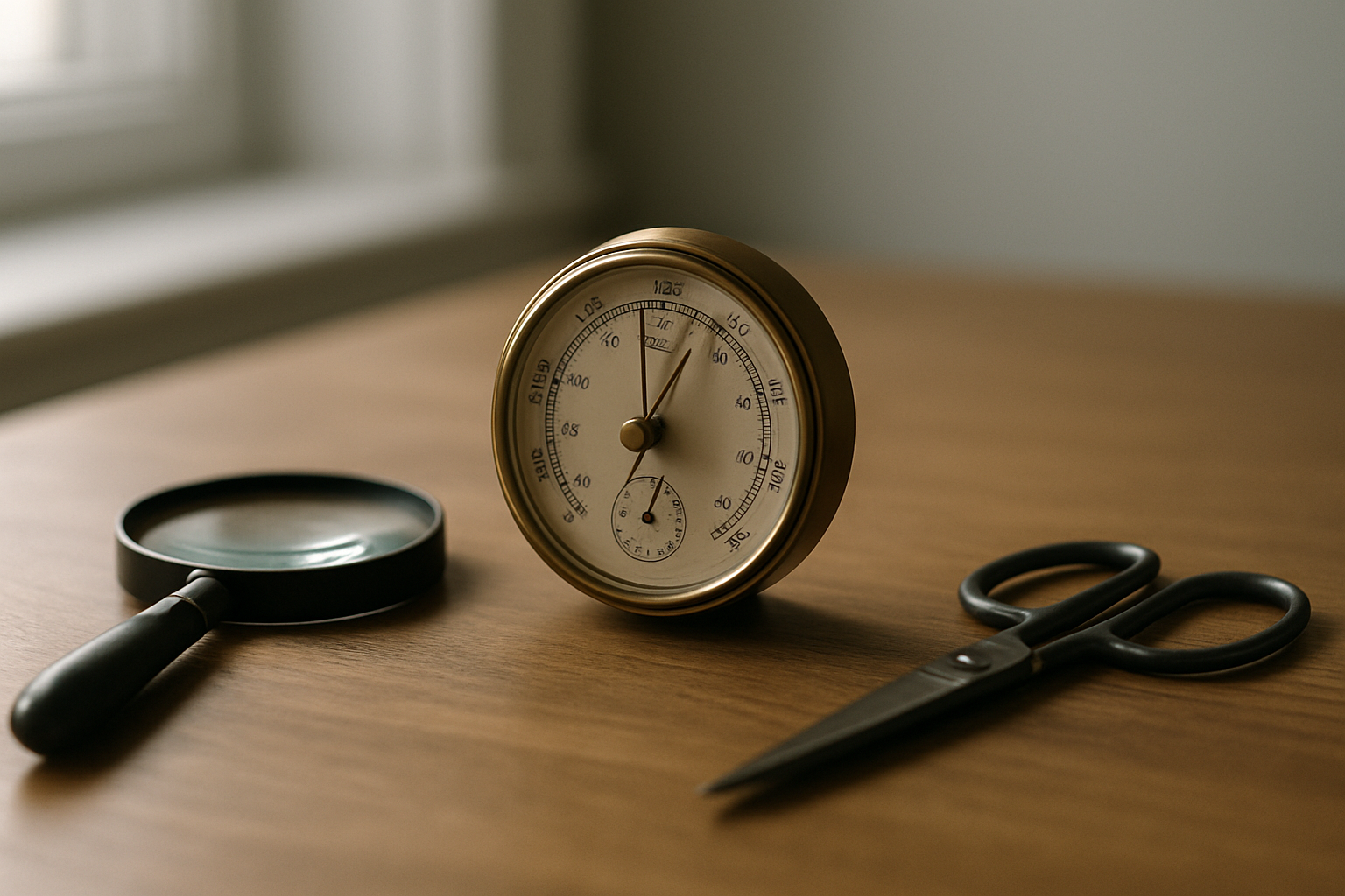 Magnifying glass, barometer and scissors on a desk
