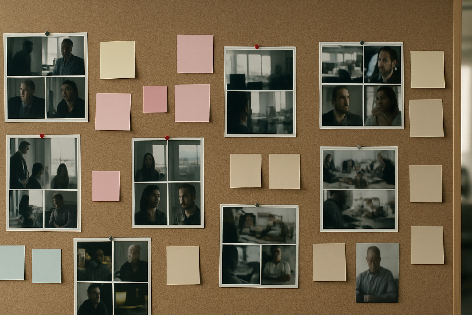 Research board with grouped photos and notes