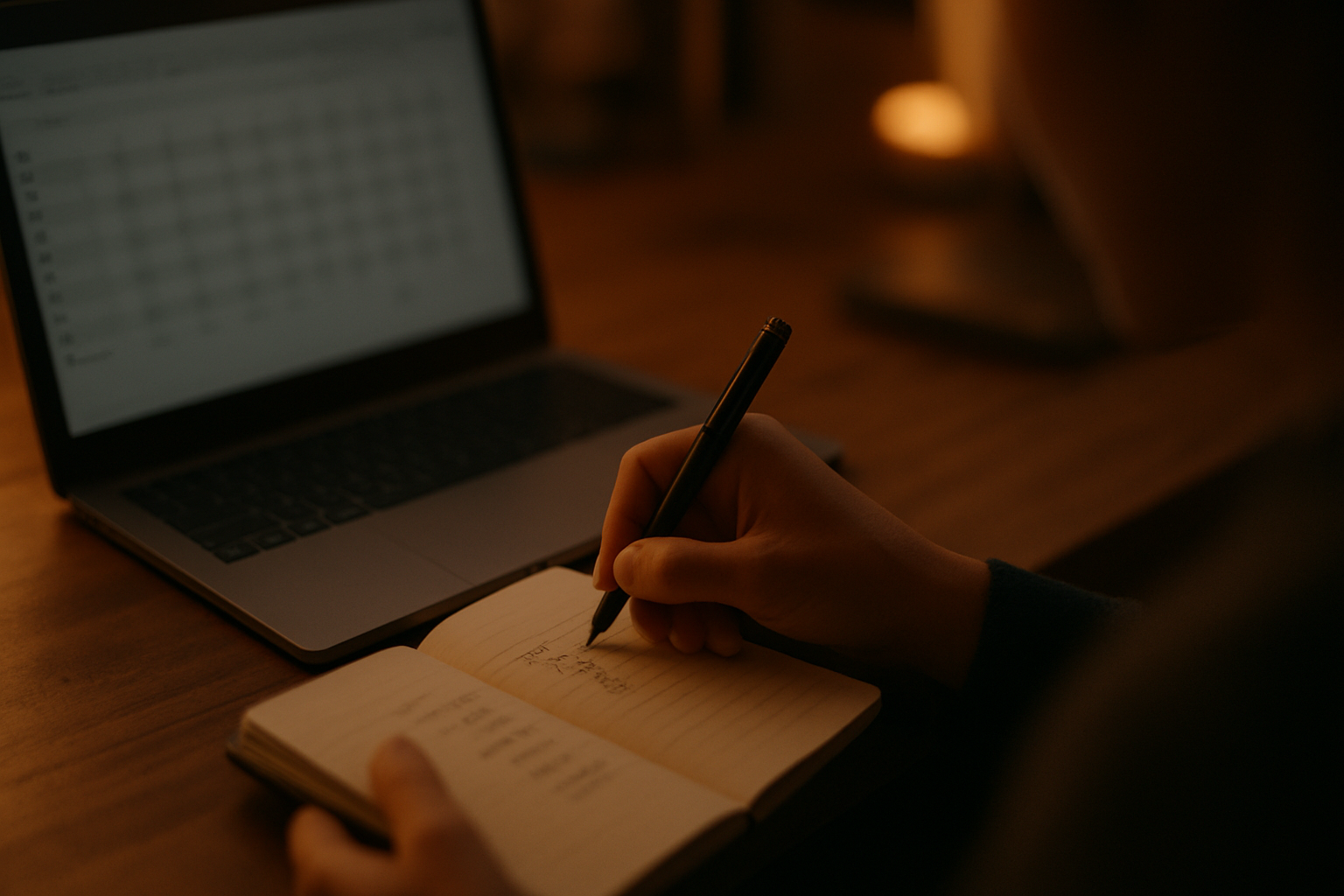 Hands noting figures in a notebook beside a laptop