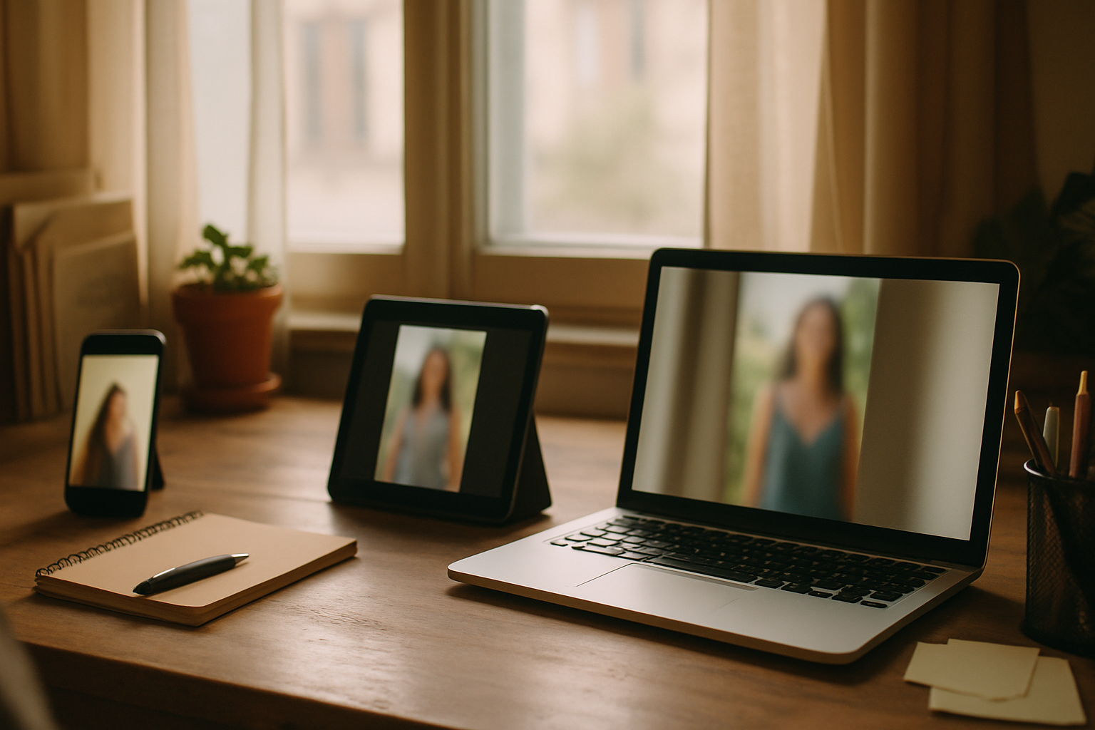 Three devices on a desk each playing vertical videos