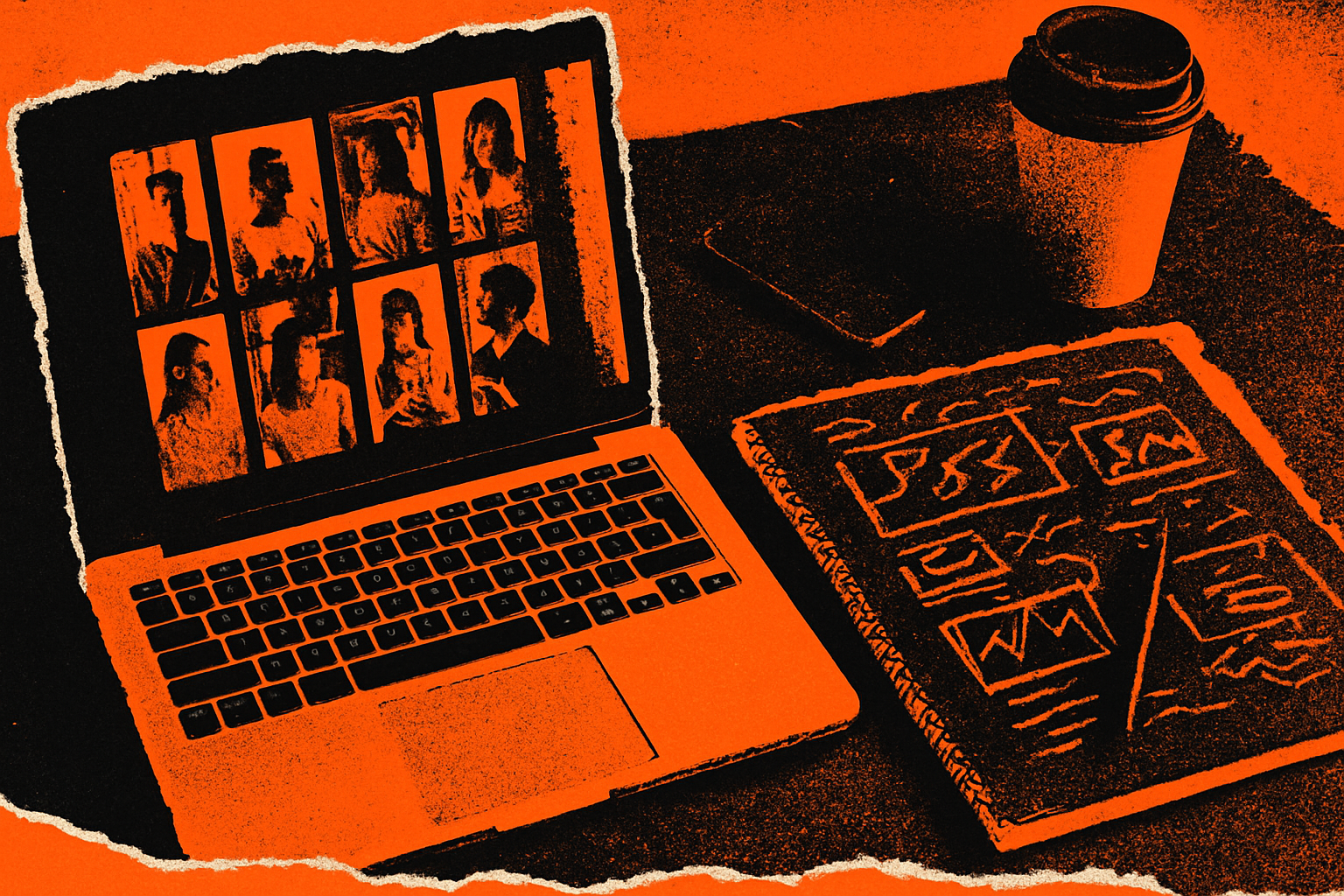 A creator's desk with a laptop showing a grid of short vertical videos beside a notebook of handwritten hook ideas