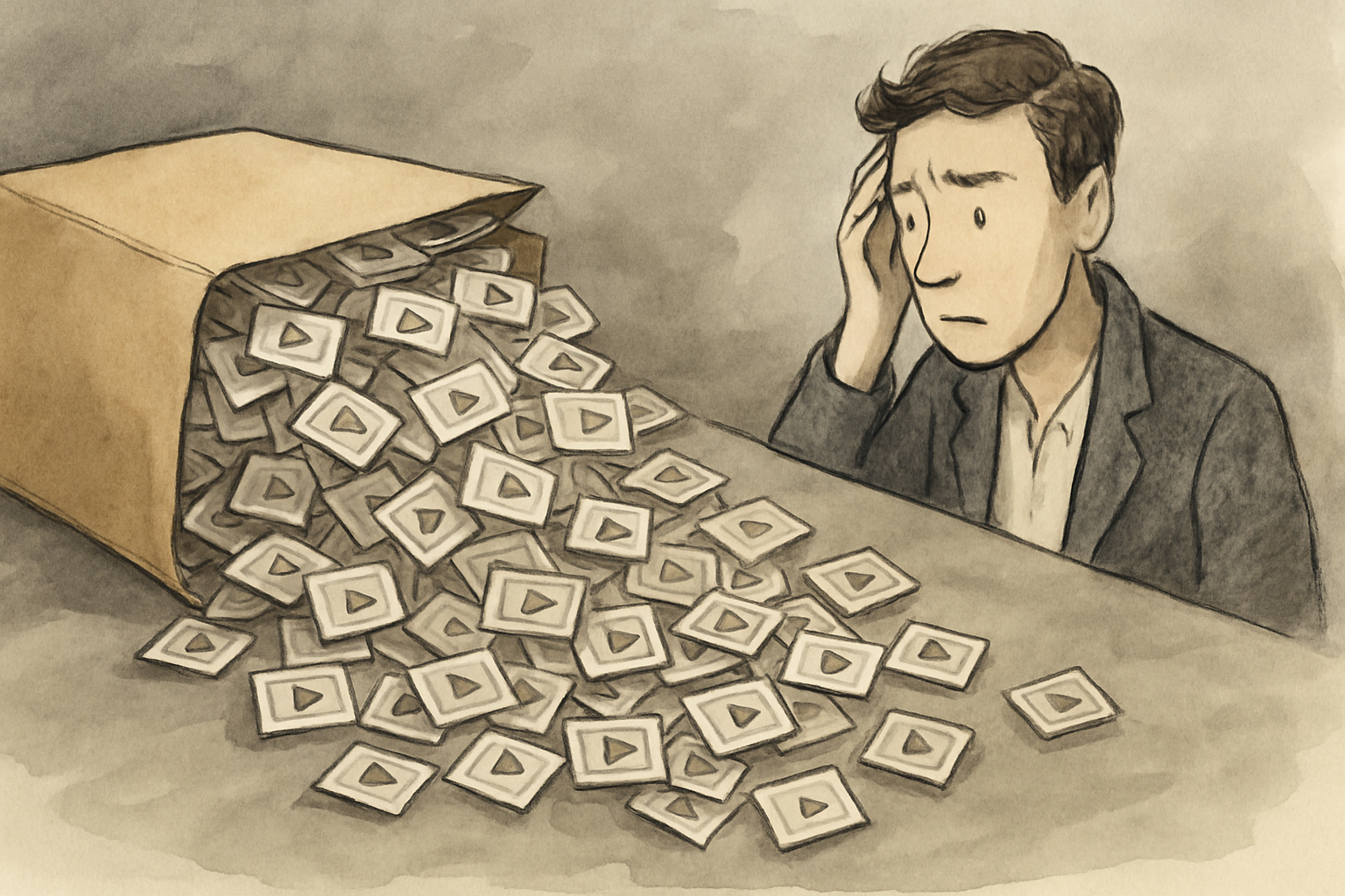 Illustration of an overflowing folder of video thumbnails on a desk