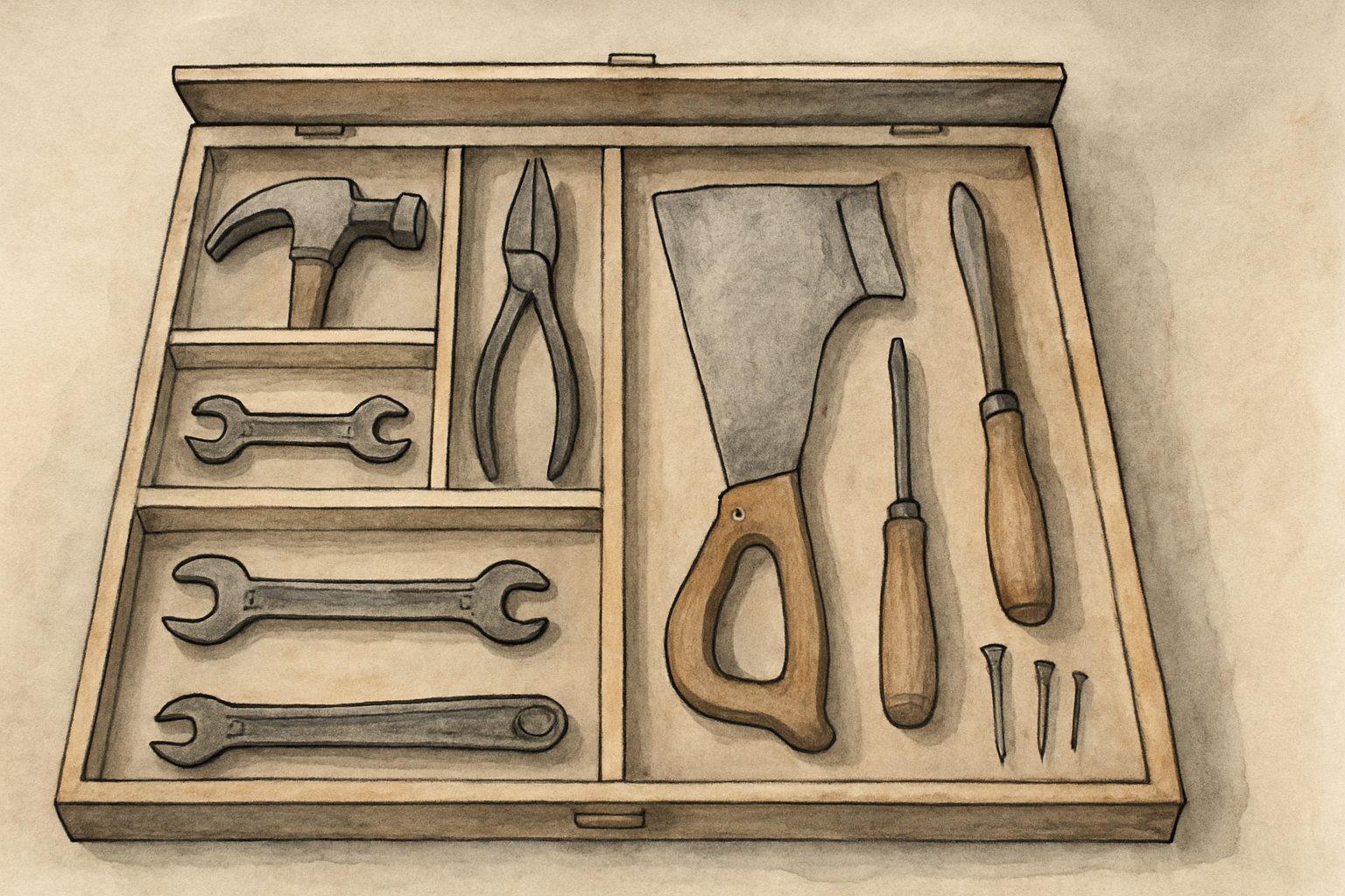 Illustration of an open toolbox with tools sorted into compartments